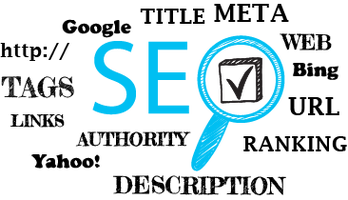 SEO graphic of a magnify glass enlarging a check mark with tags of links, description, ranking, url, web, meta, title, authority, google, yahoo, and bing.